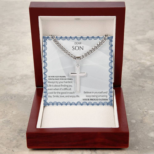 To My Son- Artisan Cross Necklace on Cuban Chain