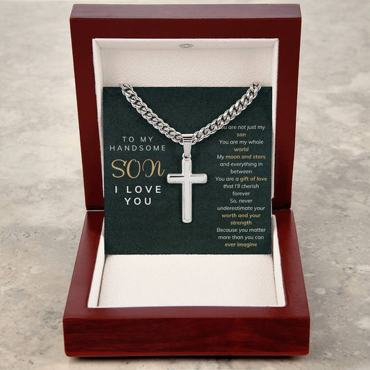 To my son Artisan Cross Necklace on Cuban Chain w/ MC