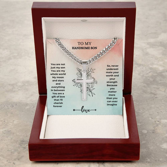 To my son Artisan Cross Necklace on Cuban Chain w/ MC